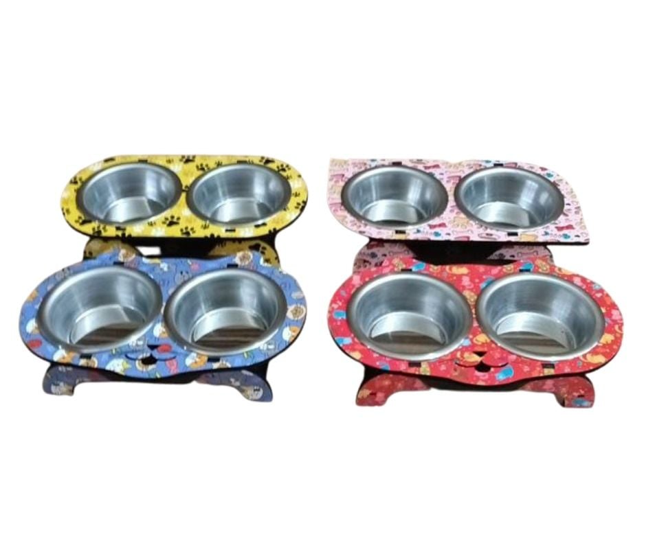 Desenli Baskılı Ahşap İkili Mama Kabı