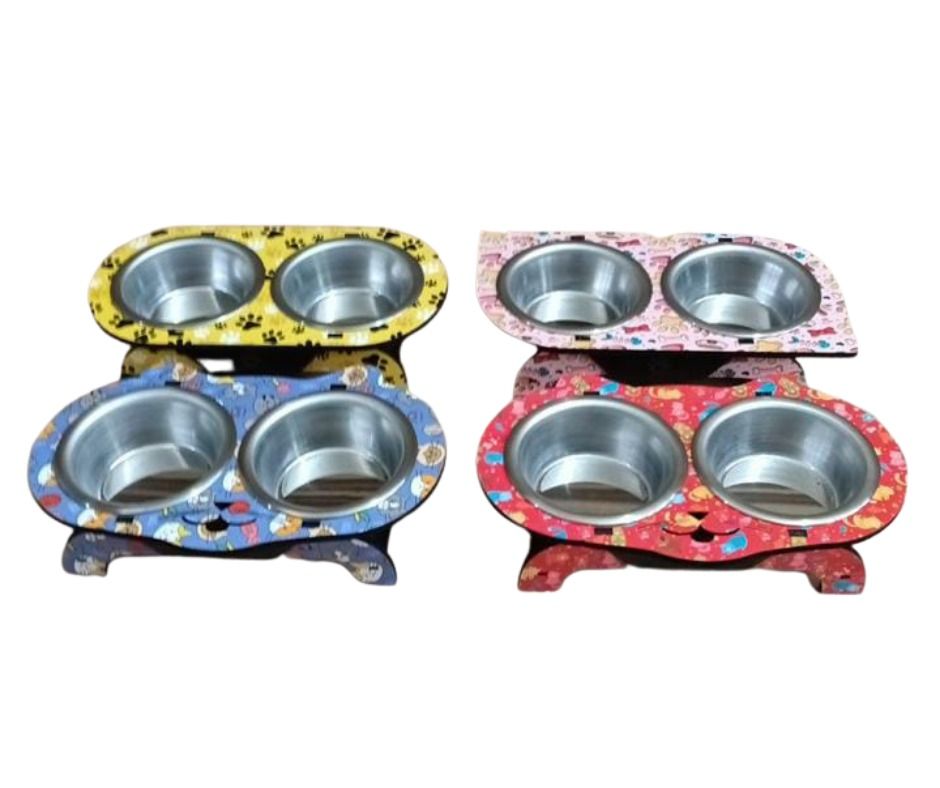 Desenli Baskılı Ahşap İkili Mama Kabı