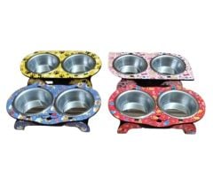 Desenli Baskılı Ahşap İkili Mama Kabı