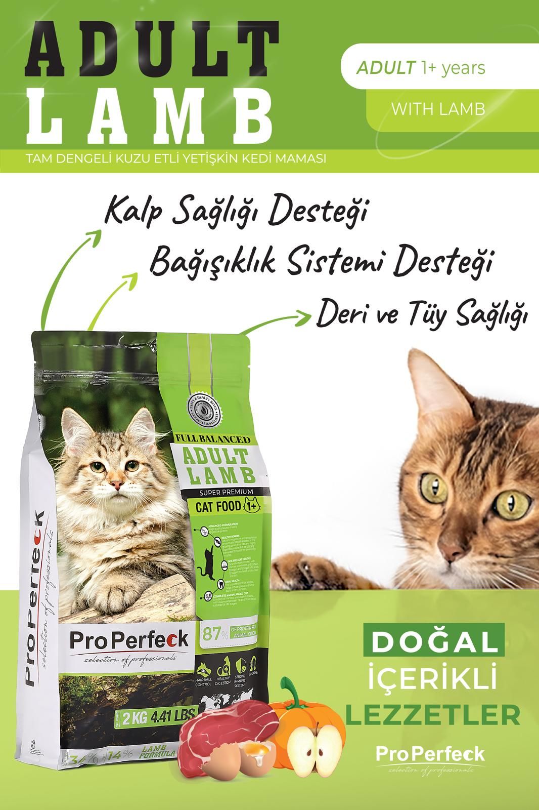PRO PERFECK PREMİUM KUZULU BAL KABAKLI VE ELMALI KEDİ MAMASI 2 KG