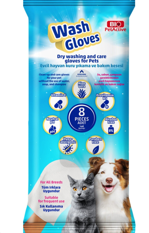 Bio PetActive Wash Gloves | Evcil Hayvanlar Için Kuru Yıkama Kesesi 8 Adet