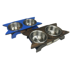 Ahşap Kedi Desenli İkili Mama Ve Su Kabı