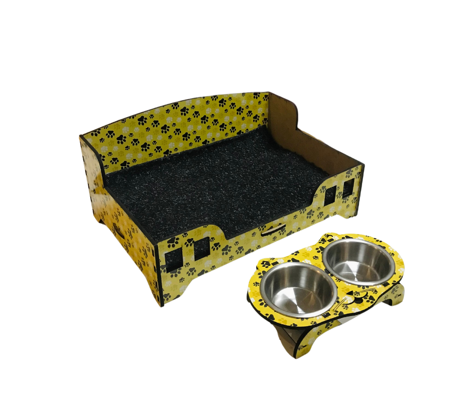 BASKILI AHŞAP KEDİ KÖPEK YATAĞI MAMA VE SU KABI SETİ