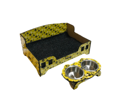 BASKILI AHŞAP KEDİ KÖPEK YATAĞI MAMA VE SU KABI SETİ