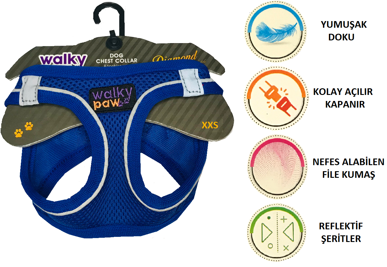 Walky Paw Mavi Fileli Göğüs Tasması XXS