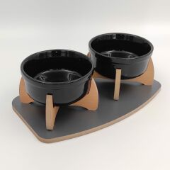 DÜZ AYAKLI SERAMİK İKİLİ AHŞAP MAMA VE SU KABI KAYDIRMAZ TABANLI